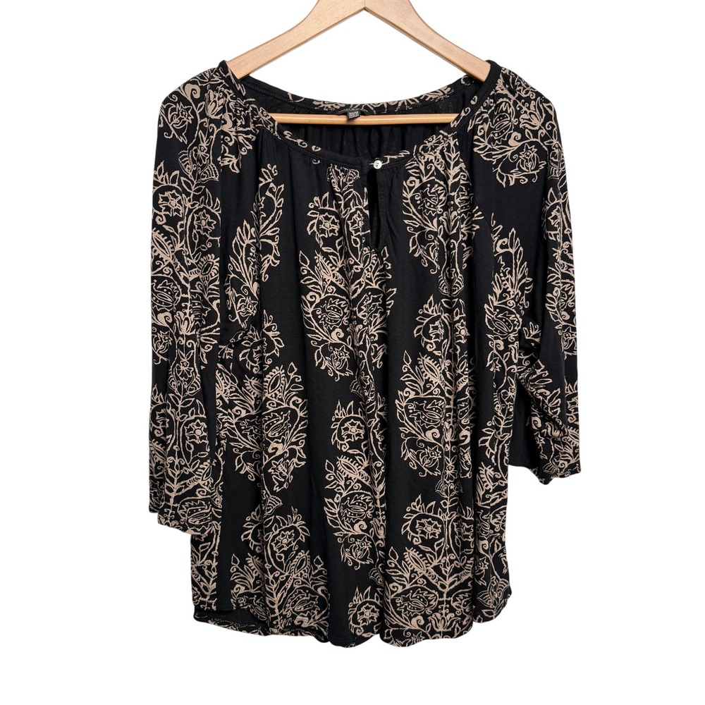 Lucky Brand Paisley Peasant Top 3X Black Blouse Office Coastal Grandma Boho